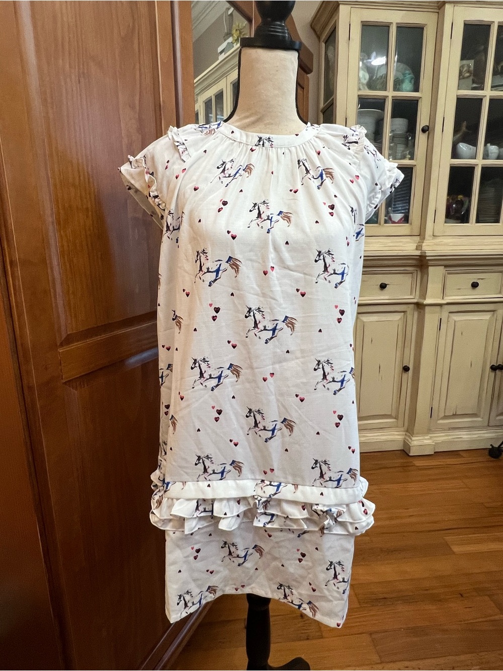 White Mini Dress with Unicorn Print and Red Heart Accents